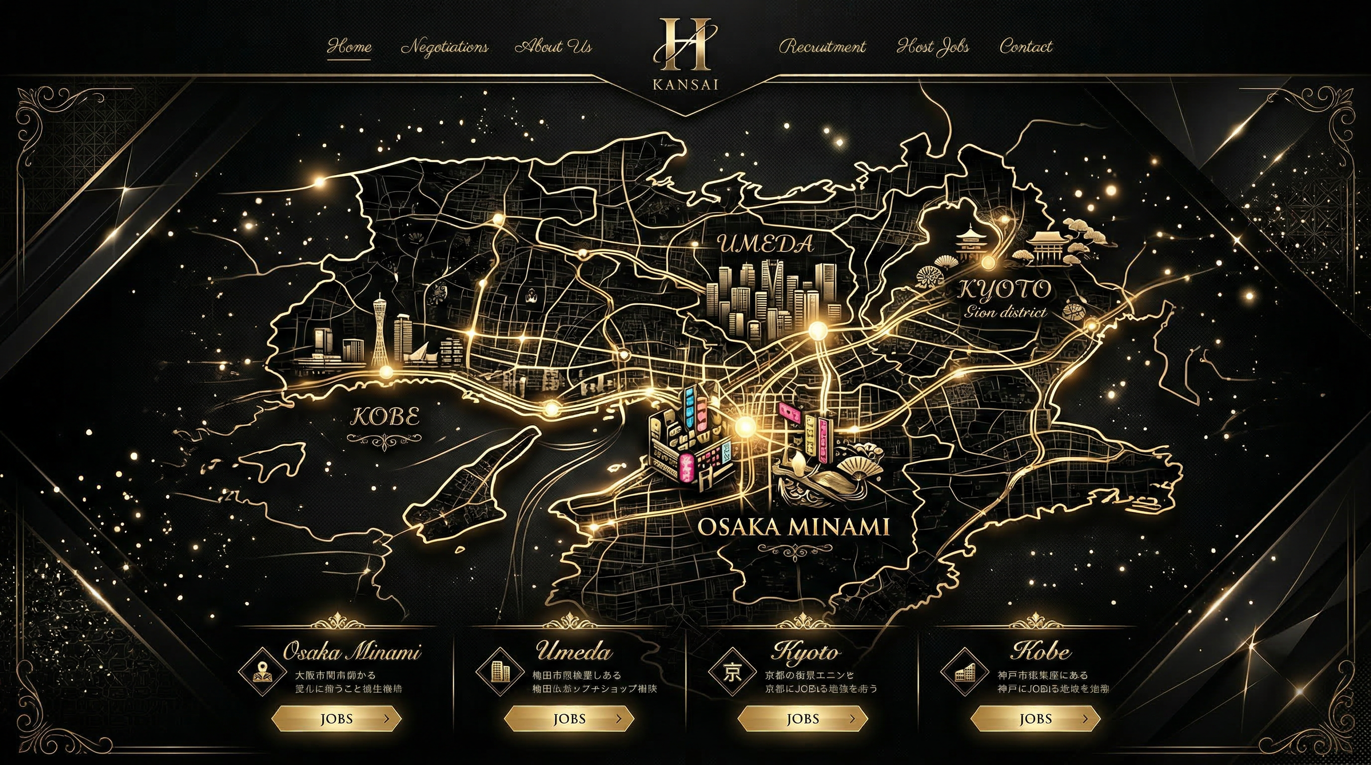 関西主要エリアをイメージした高級感のあるマップビジュアル